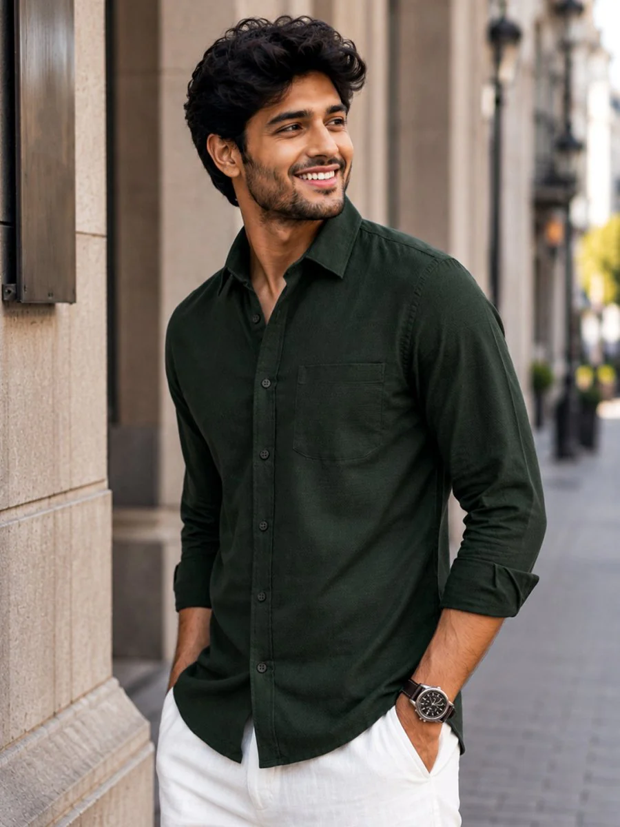 Bottle Green Cotton Shirt - Image 3