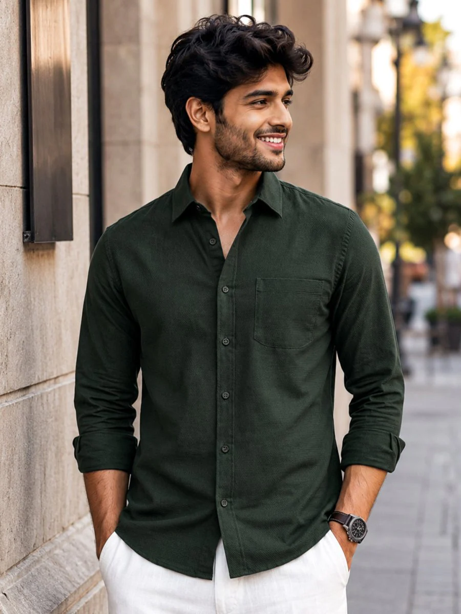 Bottle Green Cotton Shirt - Image 6