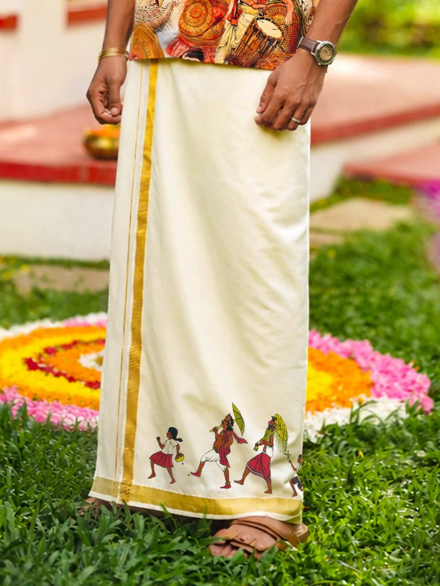 Golden Kasavu Printed Mundu - Image 3