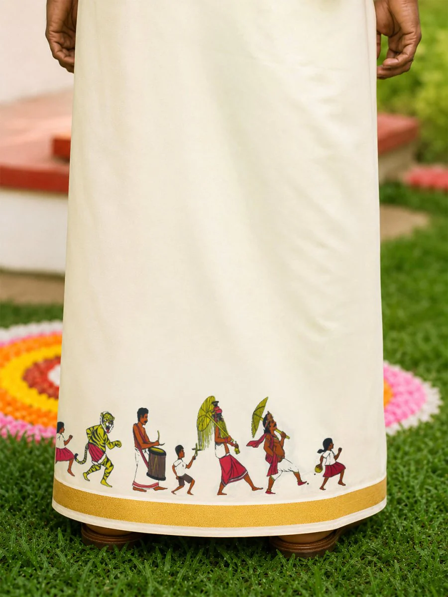 Golden Kasavu Printed Mundu - Image 5